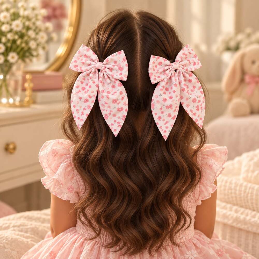 Coquette Floral Hair Bow Set Cottagecore Pink Ditsy Flower Pigtail Bows